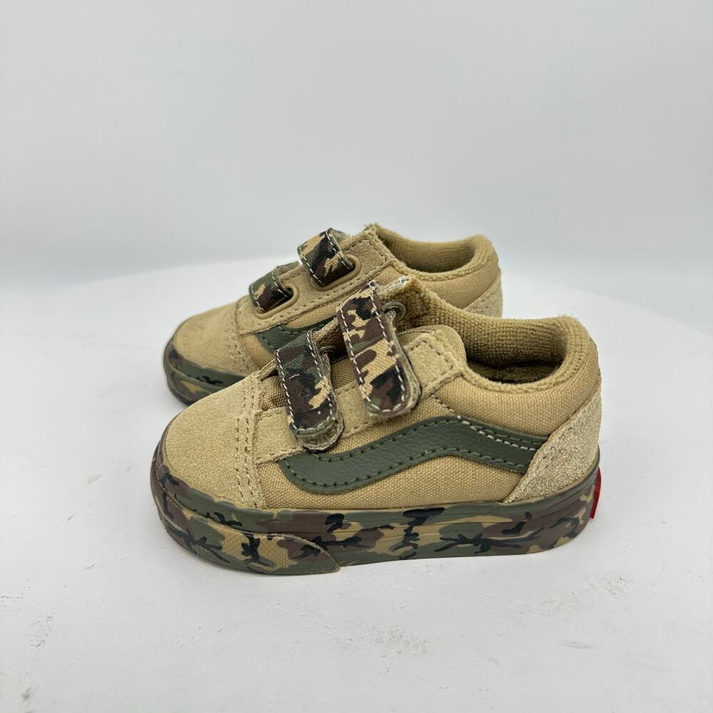 Vans Old Skool Camo Low Top Tan and Green Hook and Loop Velcro Toddler 3